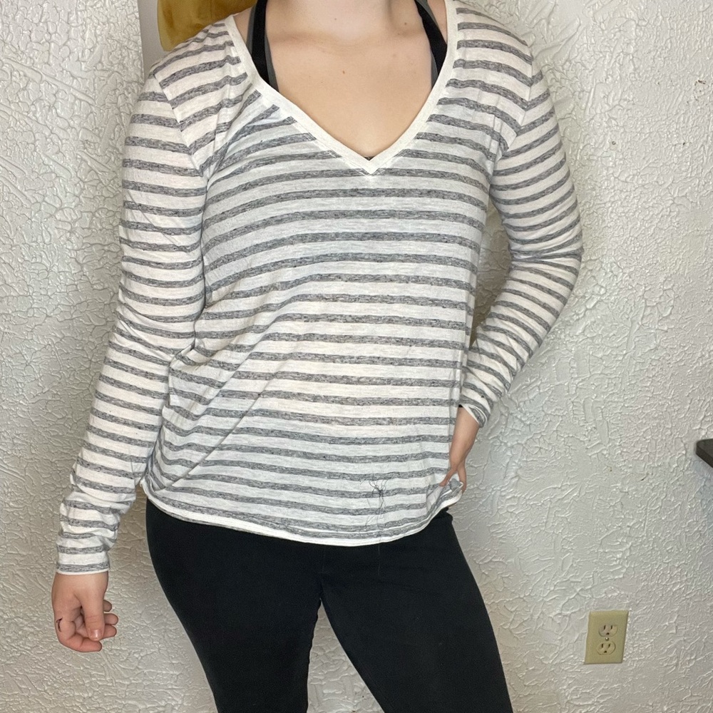 Victoria secret Grey and white stripped v neck long sleeve shirt